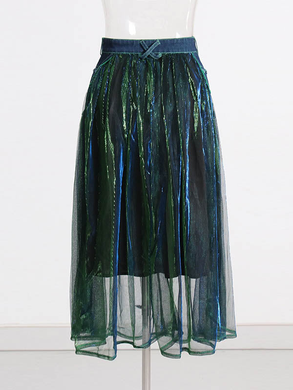 Denim Shiny Waisted Skirt A-Line Green Belted Chic High Tulle