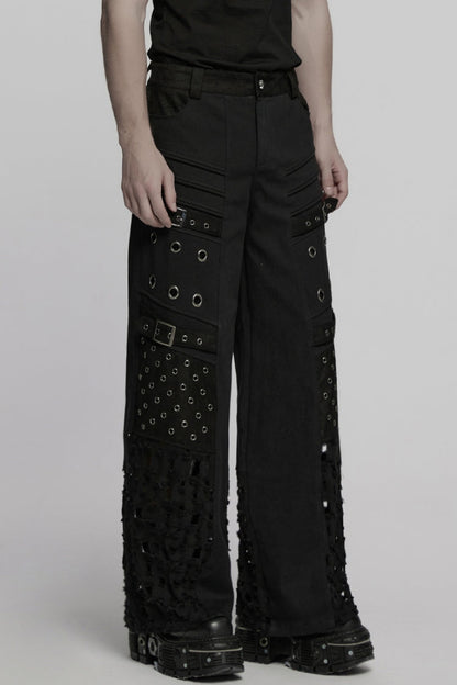 Men's Punk Straight Pants with Eyelet and Ripped Detailing
