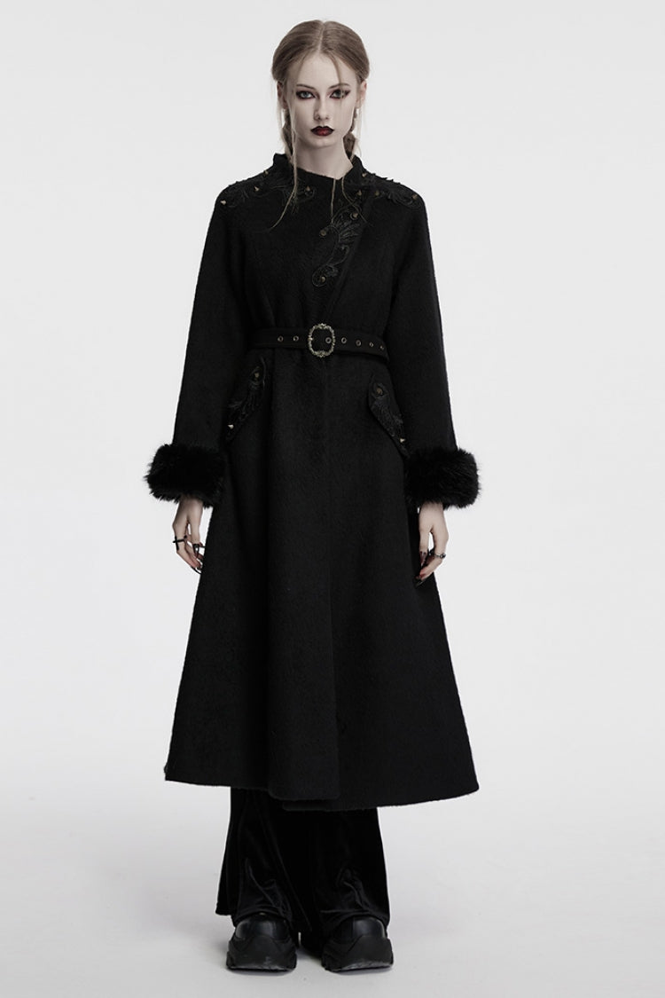 Ebony Long-Sleeve Studded Floral Embroidered Fur Gothic Coat