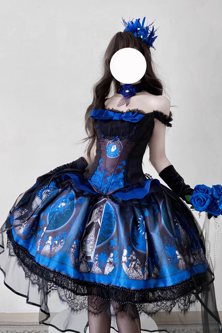 Azure Dark Moon Corridor Print Embroidery Gothic Lolita Gown Skirt