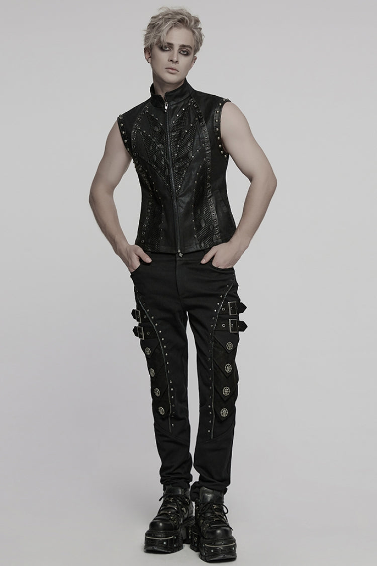 Gothic Men's Mesh Vest, Black with Stitched Mandarin Collar