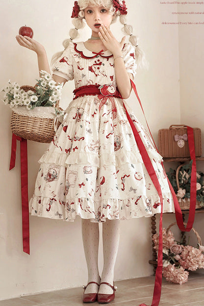 Ivory Apple Tea Print Short-Sleeve Country Ruffle Bow Sweet Lolita Dress Plus Size