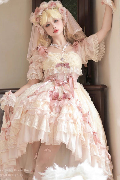Blush Short Sleeves Jacquard Ruffled Cardigan Lace Dress
