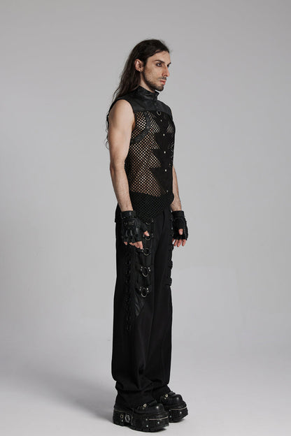 Men's Black Punk Vest, Mesh with Triangle Eyelets and High Collar