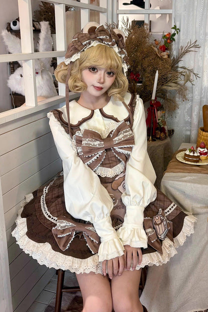 Hot Cocoa Bear Print Ruffle Lace Sweet Lolita Jumper Dress