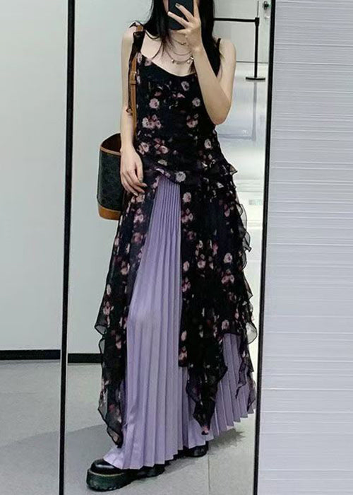 Bohemian Black Ruffled Print Chiffon Two-Piece Set Sleeveless QP030