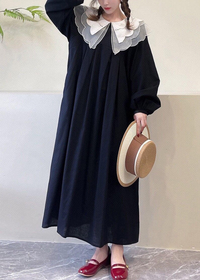 Black Pockets Cotton Dress Peter Pan Collar Long Sleeve NN043