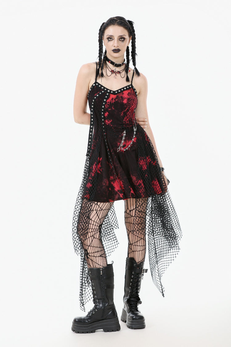Crimson Punk Slip Dress with Asymmetric Tie-Dye and Mesh Hem
