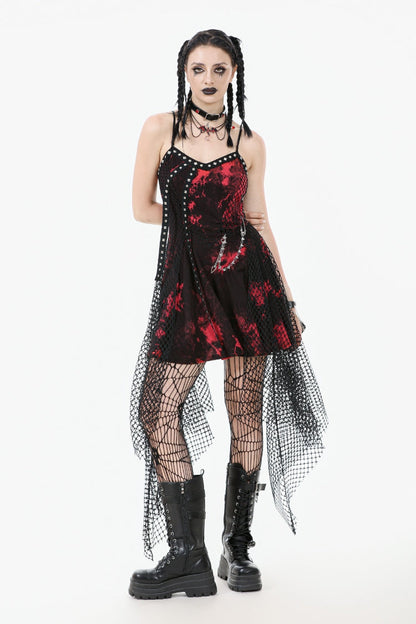 Crimson Punk Slip Dress with Asymmetric Tie-Dye and Mesh Hem