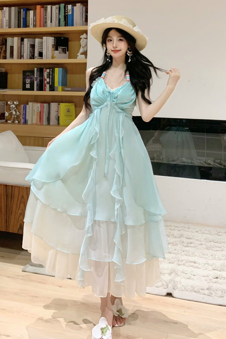 Sleeveless Triple-Layered Ruffle Lace-Up Sweet Lolita JSK Dress in Mint Green Dreaming About The Sea