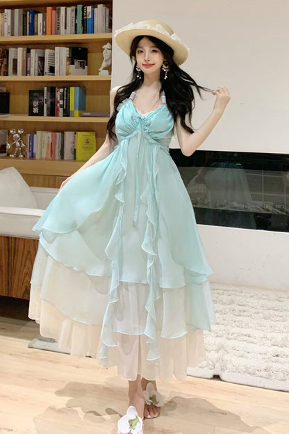 Sleeveless Triple-Layered Ruffle Lace-Up Sweet Lolita JSK Dress in Mint Green Dreaming About The Sea