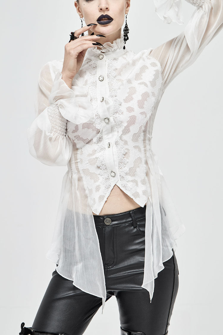 Ivory Chiffon High Collar Flared Cuff Back Lace-Up Gothic Blouse