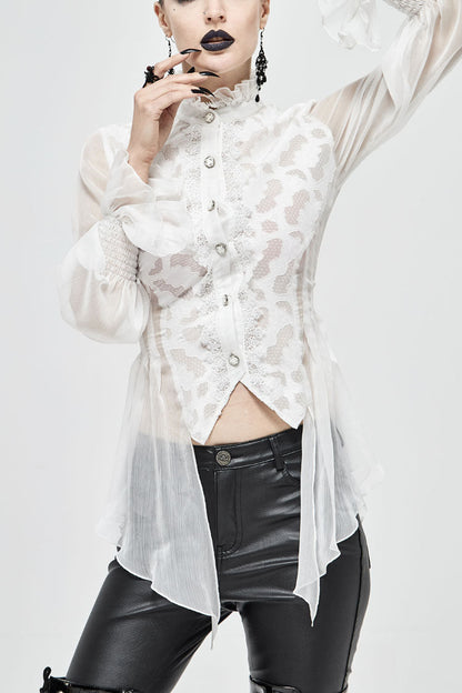 Ivory Chiffon High Collar Flared Cuff Back Lace-Up Gothic Blouse