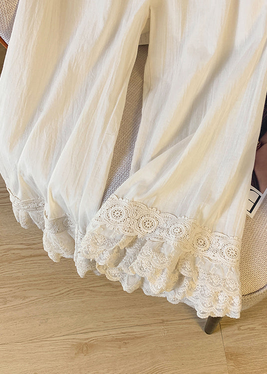 Summer Straight Lace Pants Beige Unique Patchwork Waist Elastic
