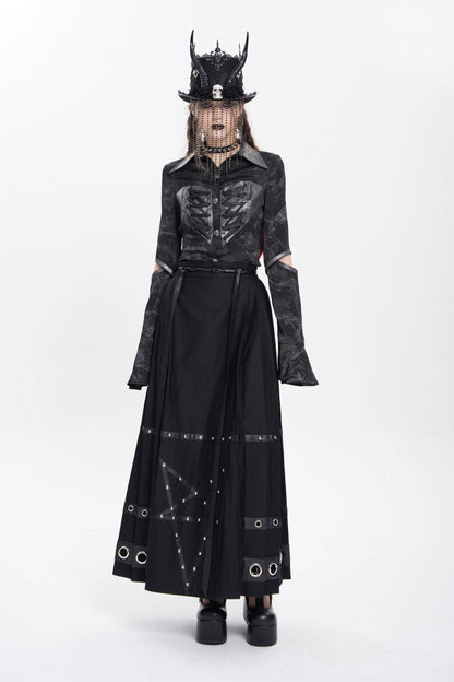 Women's Punk Skirt with Eyelets, Rivets and Pentacle Horse-Face Motif