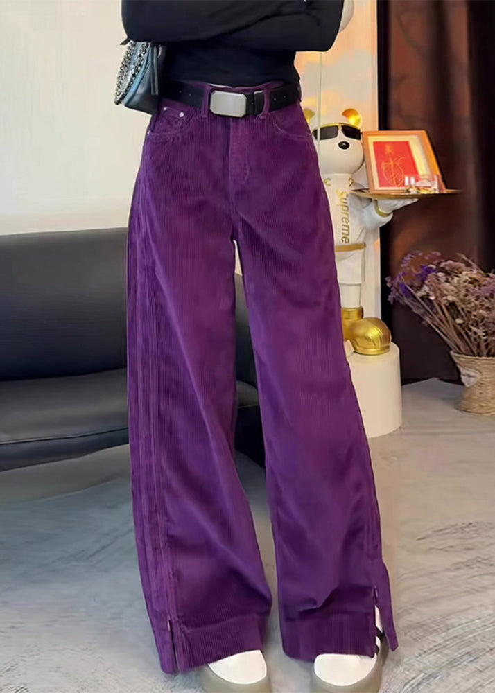 Corduroy High Simple Waist Side Purple Straight Spring Pants Open