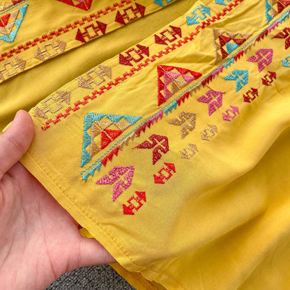 Ethnic Yellow V-Neck Embroidery Drawstring Waist Trumpet Sleeve Dress AR1008