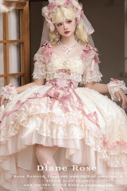Blush Short Sleeves Jacquard Ruffled Cardigan Lace Dress