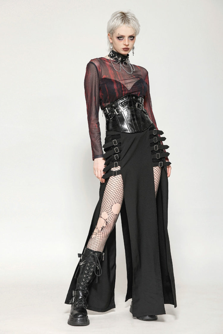 Crimson & Obsidian Round Collar Long Sleeves Sheer Mesh Tie-Dyed Versatile Basic Top