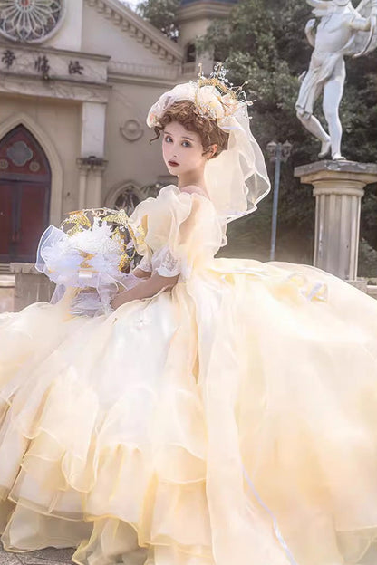 Golden Off-Shoulder Sleeve Ruffled Bridal Bow Lace Plus Size Lolita Gown