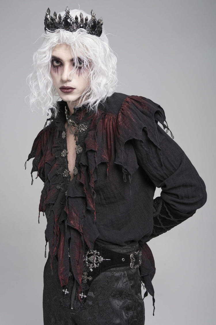 Crimson & Obsidian Stand Collar Long Sleeves Ruffled Plunging Gothic Shirt