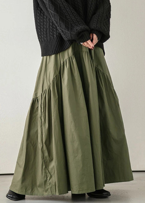 Army Elastic Green Skirt Spring Waist Cotton Loose Wrinkled