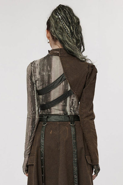 Steampunk Single-Arm Jacket with Rivet Buckle and Stand Collar in Two Tones - IndustrialChic