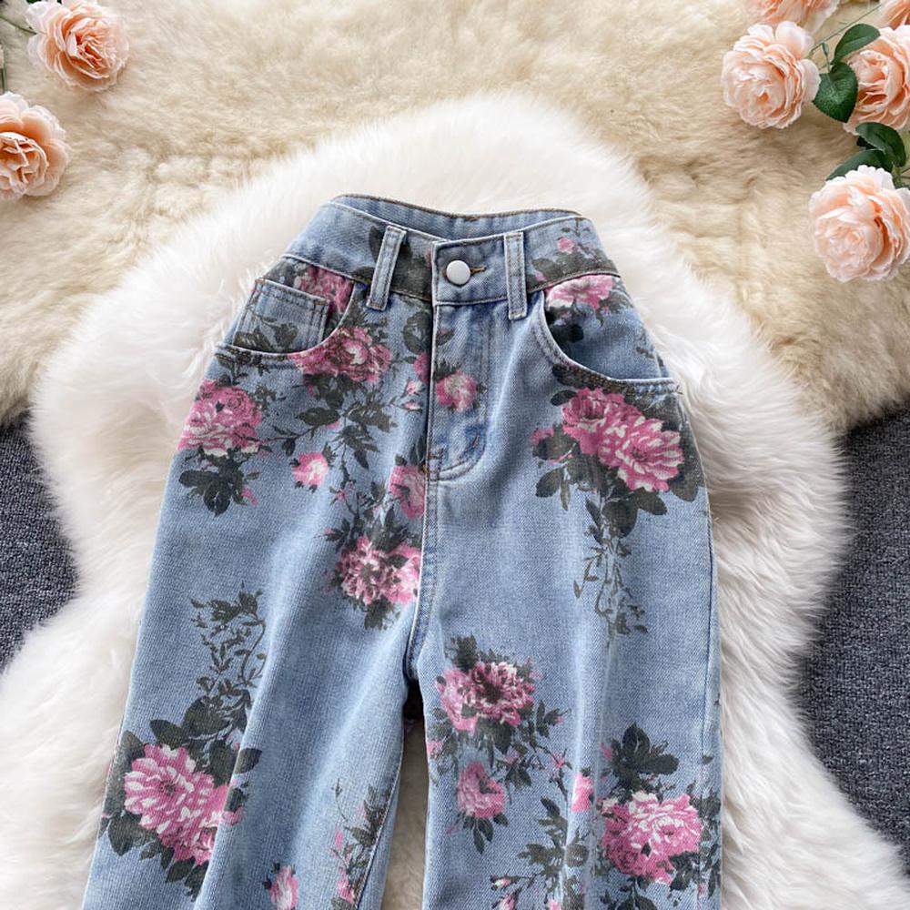 Women Blue Rose Print Wide Leg Denim Pants AR1016