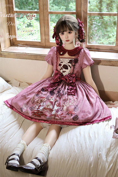 Crimson Sweet Lolita Dress with Rabbit Sunflower Print and Bow Embroidery