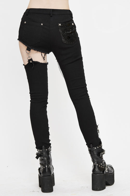 Shadow Spliced Chain-Accented Trousers with Ripped Details