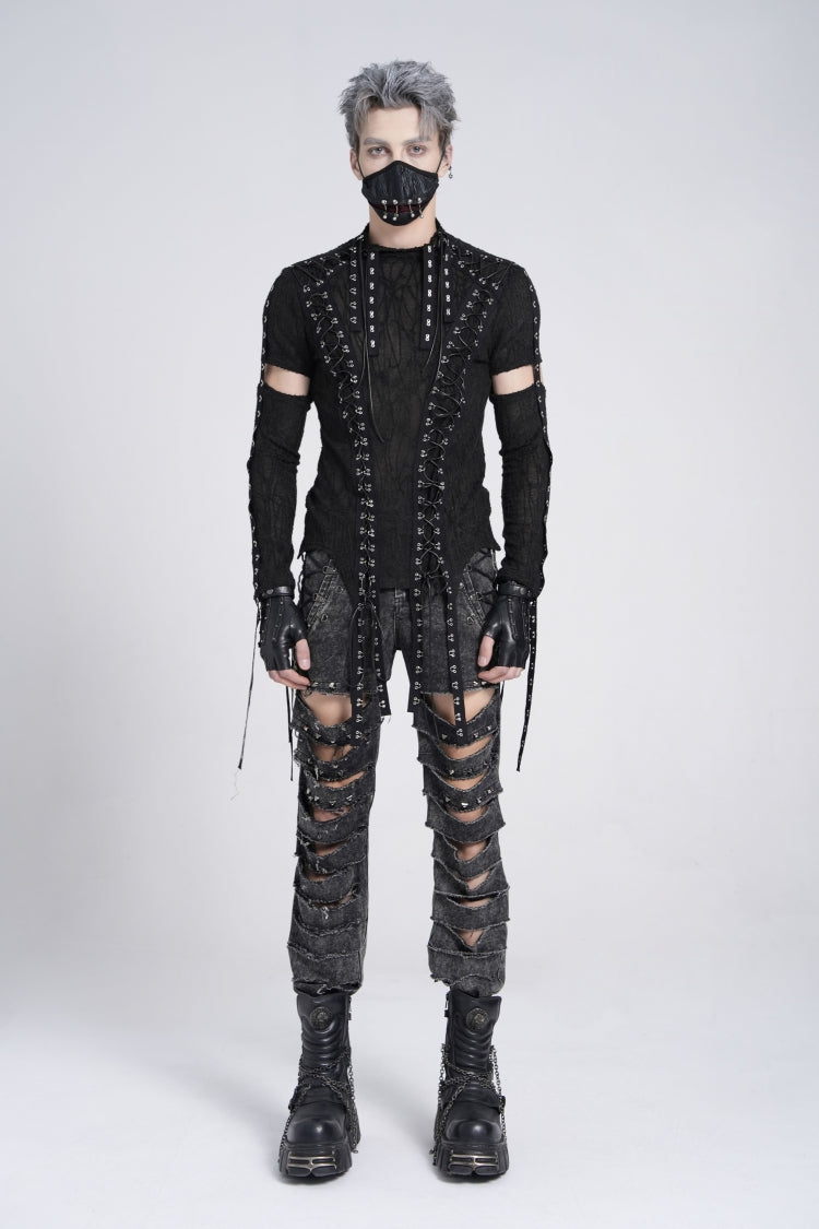 Ebony Long-Sleeve Strap Lace-Up Irregular Sheer Men's Punk Tee