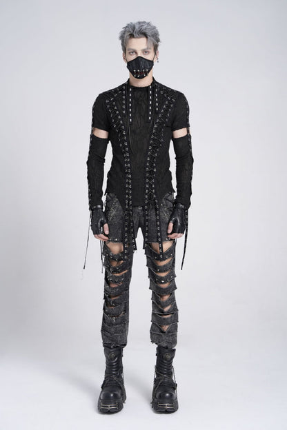 Ebony Long-Sleeve Strap Lace-Up Irregular Sheer Men's Punk Tee