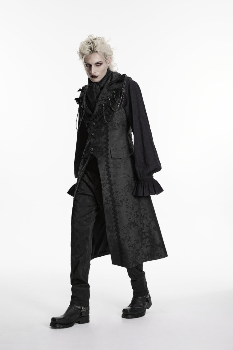 Gothic Long Vest for Men with Black Jacquard and Chain Decoration