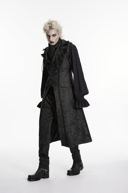 Gothic Long Vest for Men with Black Jacquard and Chain Decoration