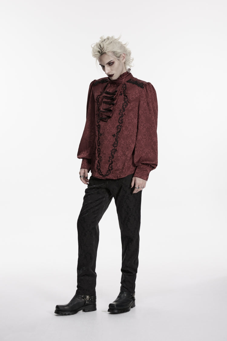 Crimson High-Neck Gothic Palace Shirt with Jacquard and Detachable Tie