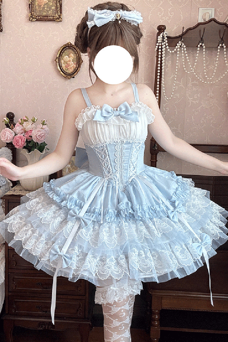 Azure Dance of Time Sleeveless Triple Ruffled Bow Lace-Up Sweet Ballet Lolita Jumper Dress
