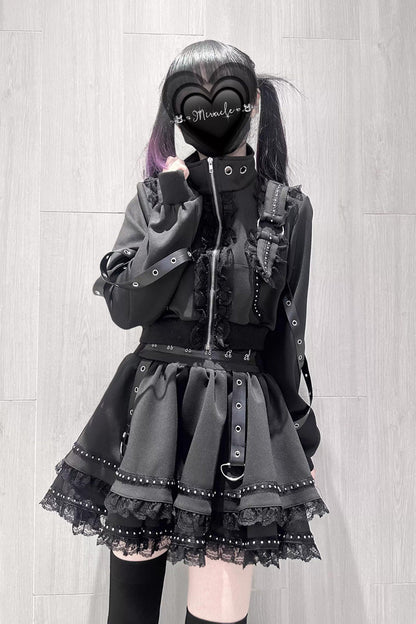 Japanese Handsome Skirt Set with Ruffled Lace and Zipper in Black