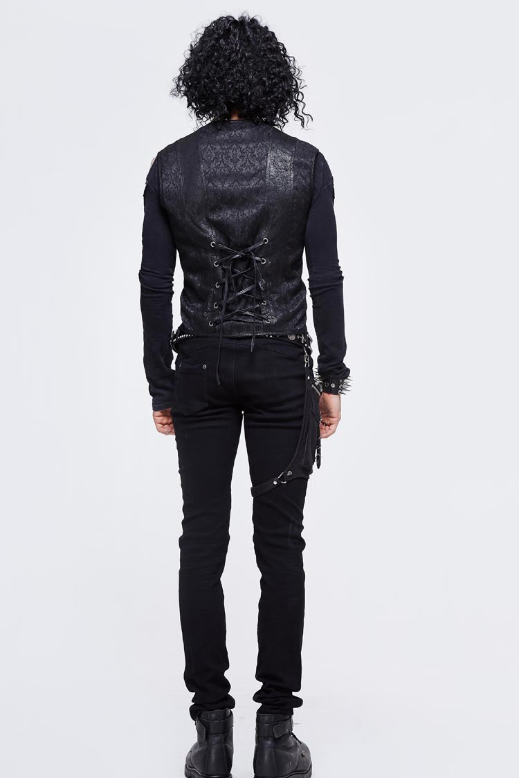 Men's Punk Waistcoat with Lace Up Chest Loop and Heat Seal Backing Splice in Black Jacquard