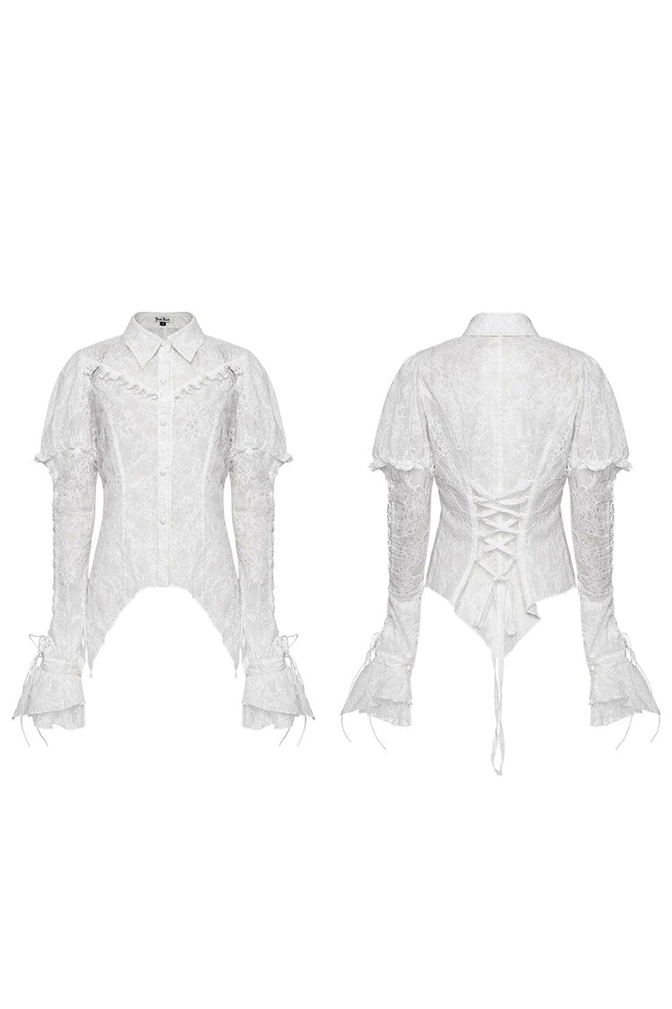 Gothic Lace Blouse with Lapel Collar and Stitched Print, Long Sleeves, Two Variants - DarkRomance