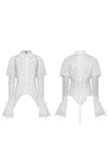 Gothic Lace Blouse with Lapel Collar and Stitched Print, Long Sleeves, Two Variants - DarkRomance