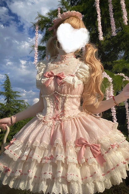 Blush Double-Layered Ruffle Bow Lace-Up Ballerina JSK - Flory Butterfly