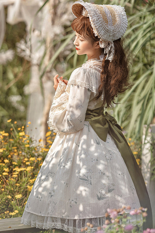 Floral Print Sweet Lolita OP Dress with Ruffled Lantern Sleeves & Lace Round Collar, Cream