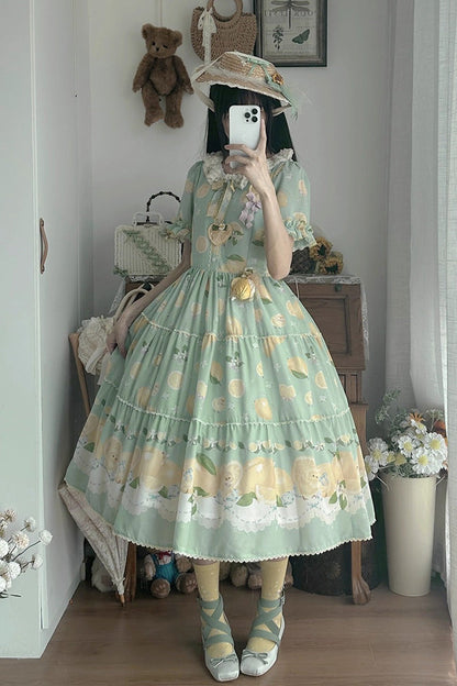 Emerald Lemon Chicken Short-Sleeve Ruffle Bow Daily Sweet Dress