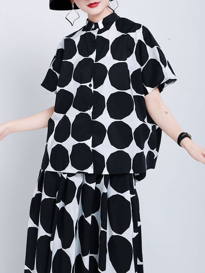 Pockets Neck Mock Black Polka-Dot Stylish High Buttoned Shirt