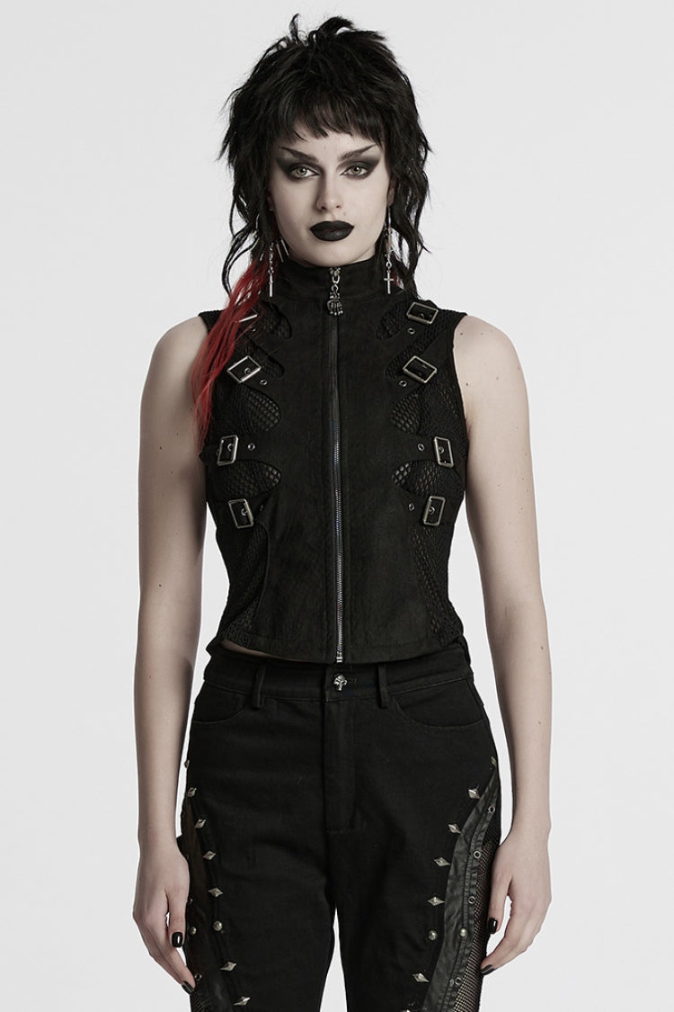 Women's Black Punk Vest, Mesh with Buckle and Stitched Collar
