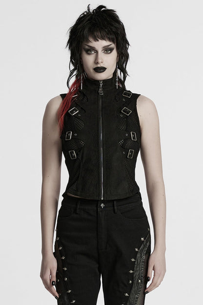 Women's Black Punk Vest, Mesh with Buckle and Stitched Collar