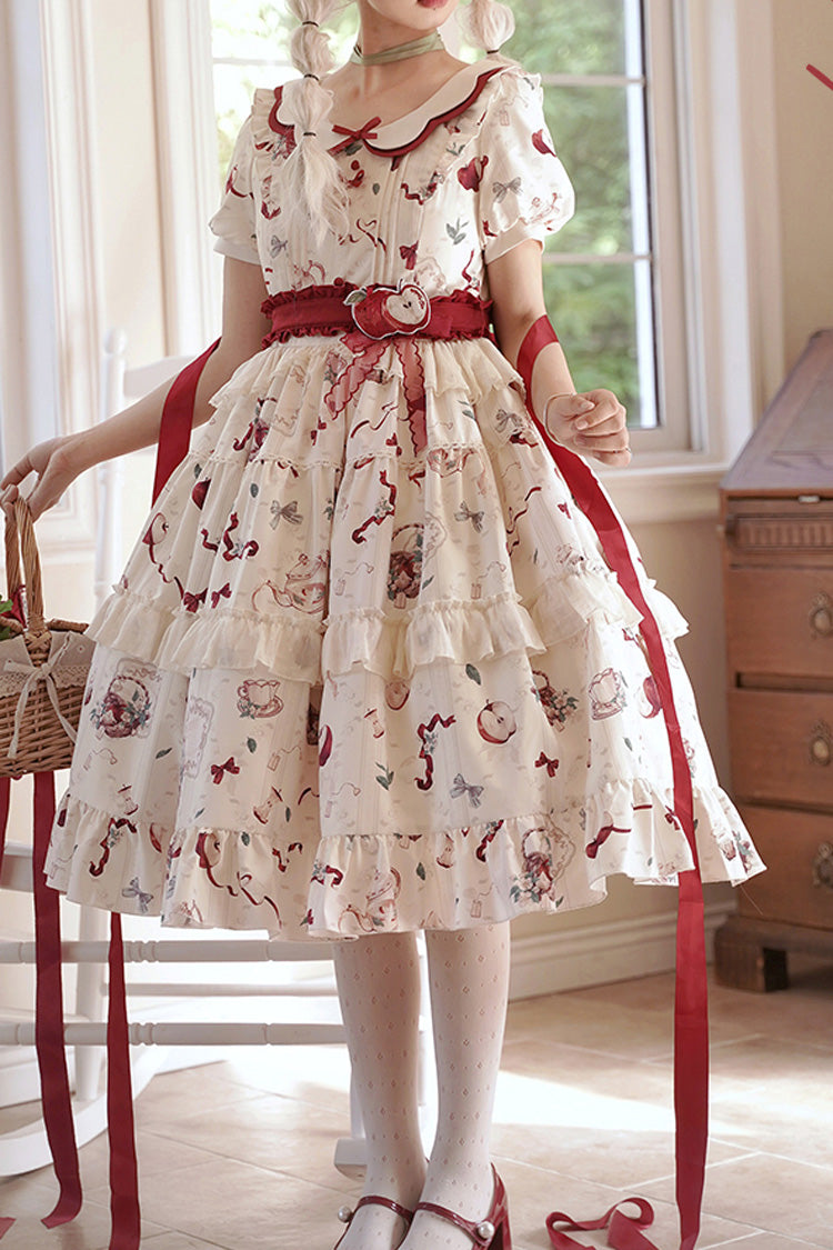 Ivory Apple Tea Print Short-Sleeve Country Ruffle Bow Sweet Lolita Dress Plus Size