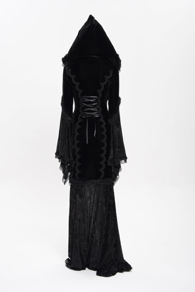 Ebony Flared-Sleeve Embroidered Lace Hooded Sheer Gothic Dress