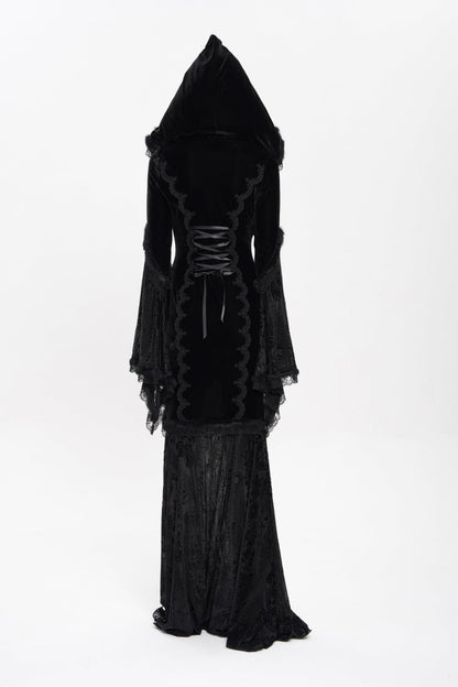 Ebony Flared-Sleeve Embroidered Lace Hooded Sheer Gothic Dress