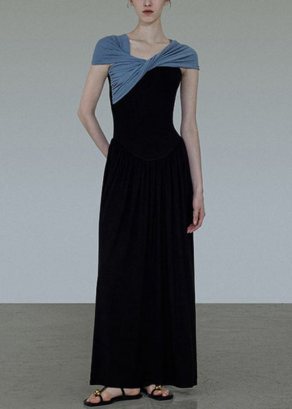 Dress Long Black Patchwork Slash Wrinkled Neck Original Cotton